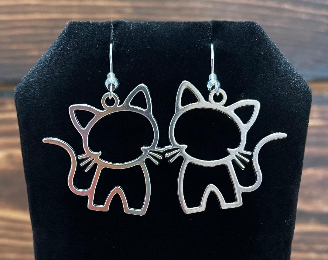NEW Hollow Silver Cat Kitty Drop Earrings