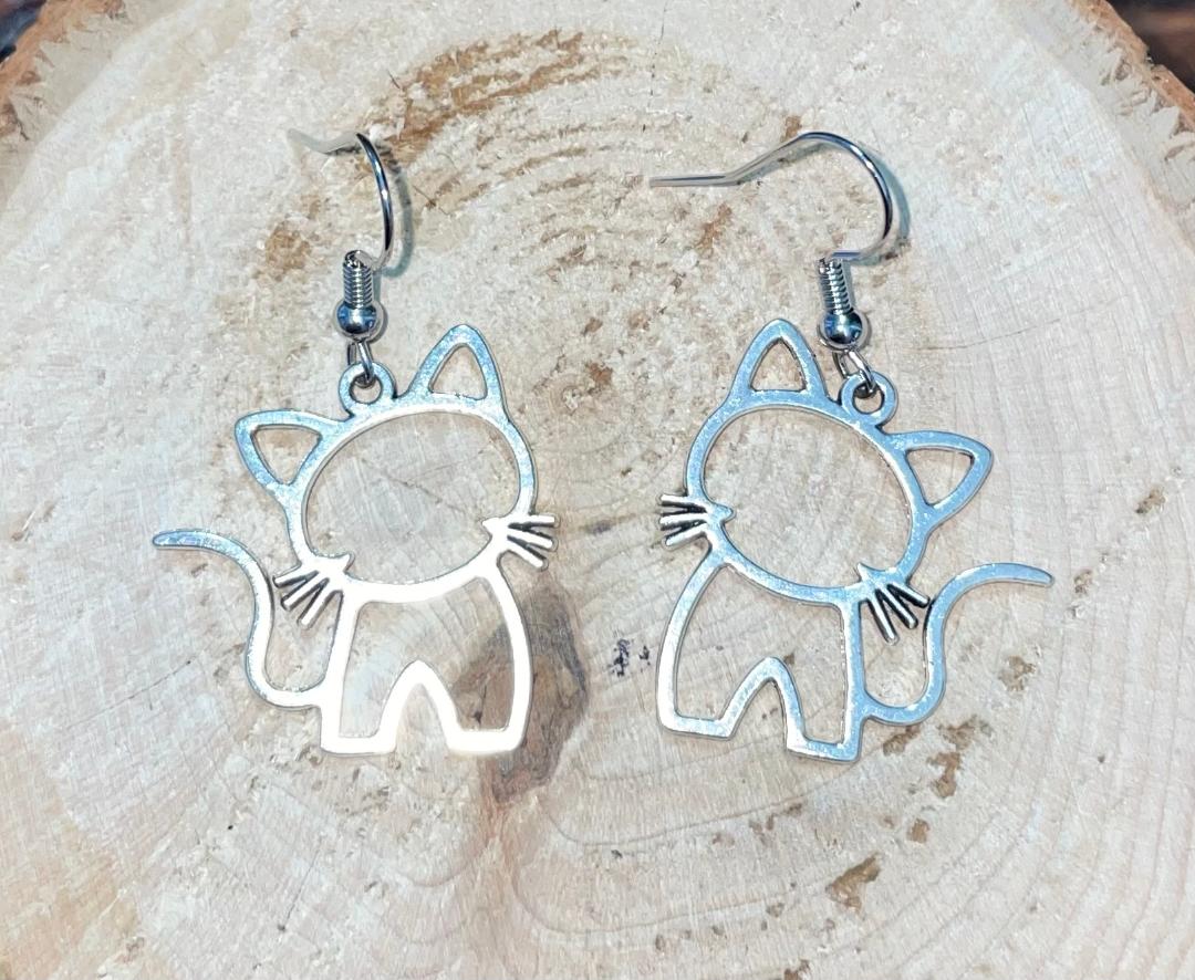 NEW Hollow Silver Cat Kitty Drop Earrings