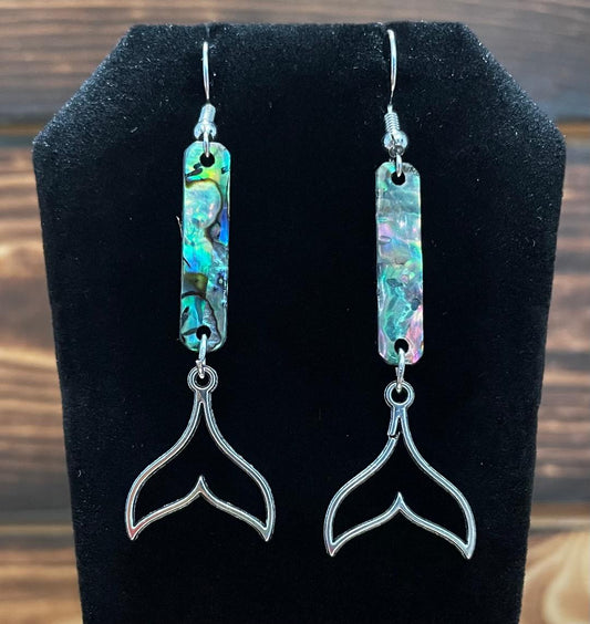 NEW Silver Tone Earrings Hollow Mermaid Fish Tail w/ Abalone Style Charm