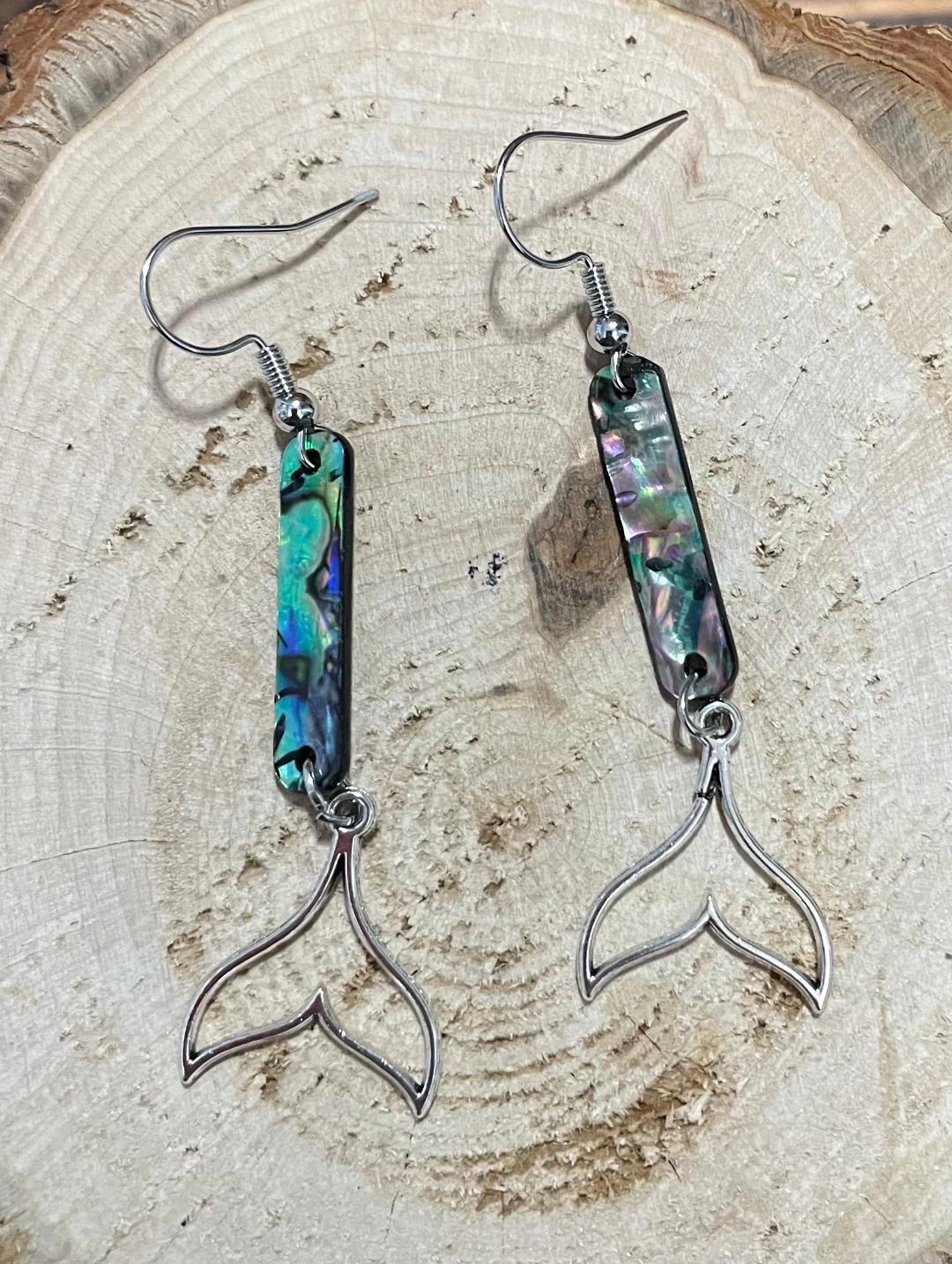 NEW Silver Tone Earrings Hollow Mermaid Fish Tail w/ Abalone Style Charm