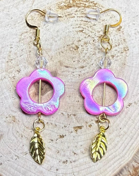 NEW Hollow Center Iridescent Pink Flower & Leaf Earrings