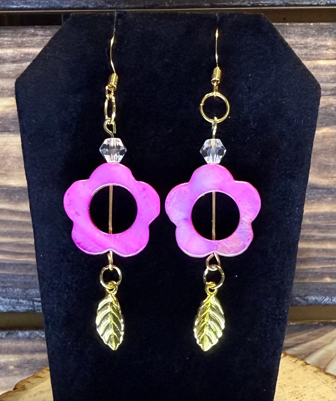 NEW Hollow Center Iridescent Pink Flower & Leaf Earrings