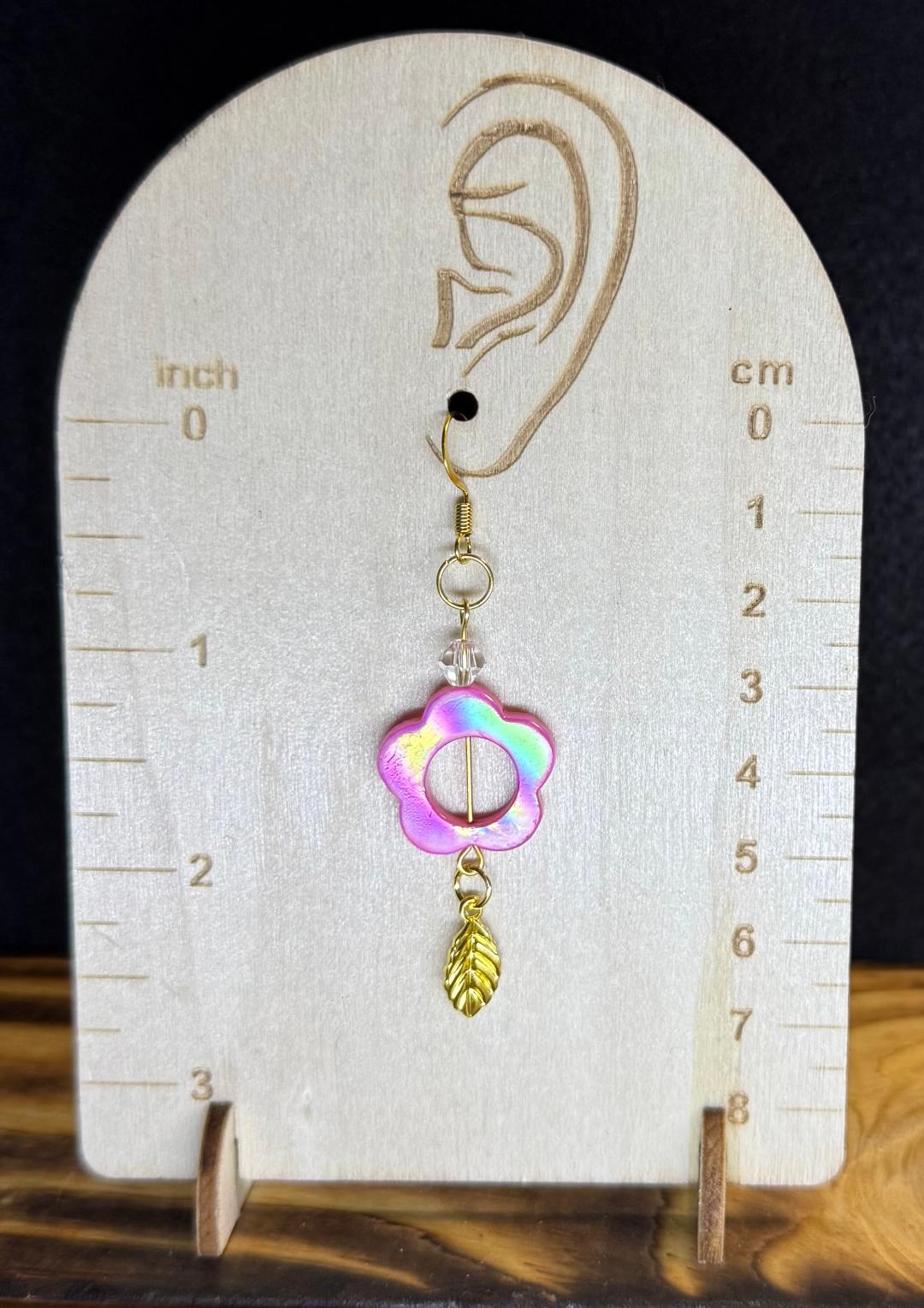 NEW Hollow Center Iridescent Pink Flower & Leaf Earrings