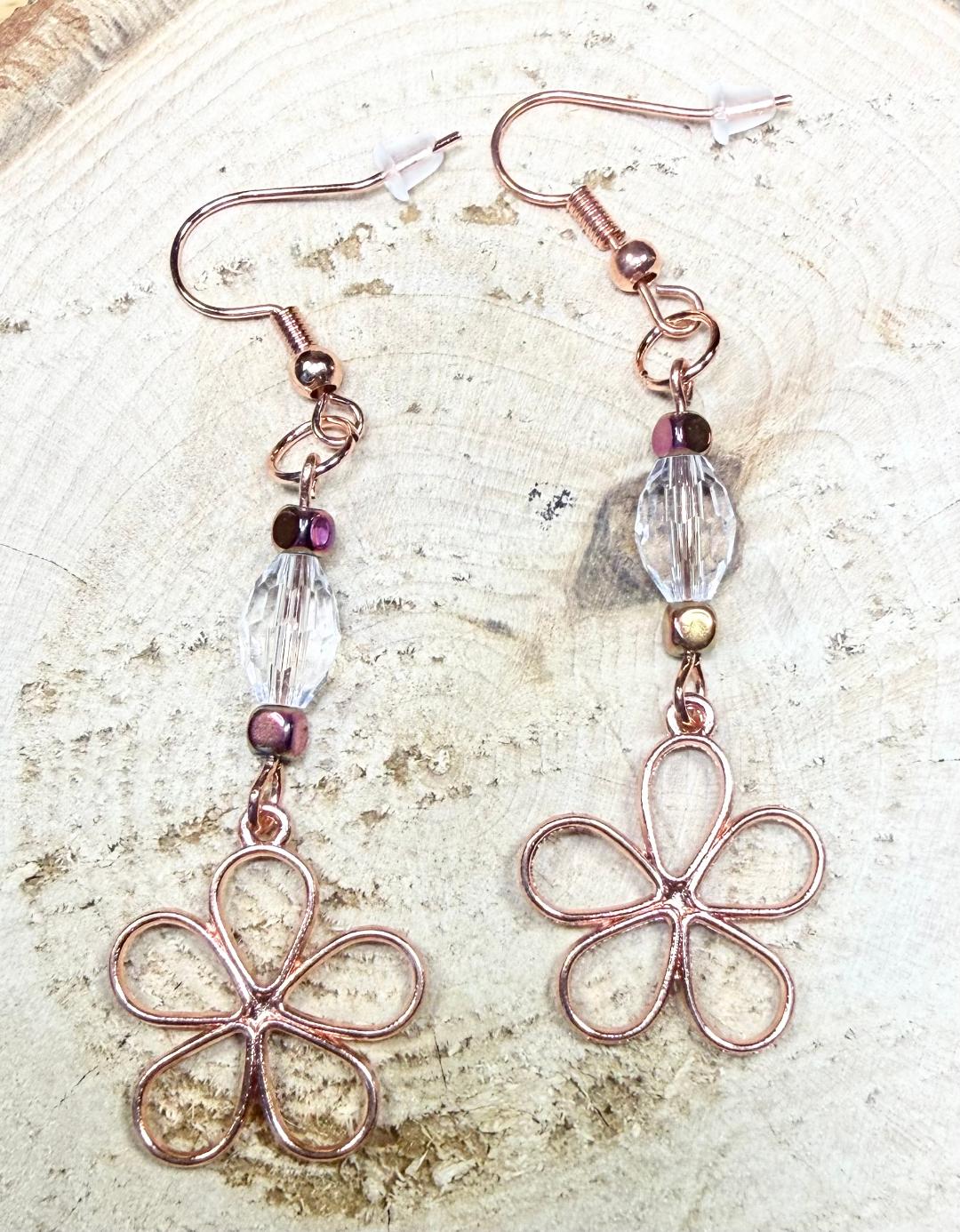 NEW Rose Gold Hollow Hippie Boho Flower Earrings w/ Clear Glass Faceted Beads