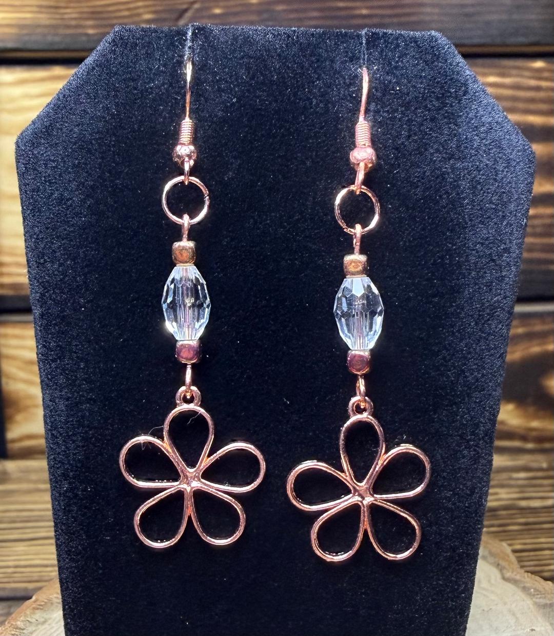 NEW Rose Gold Hollow Hippie Boho Flower Earrings w/ Clear Glass Faceted Beads