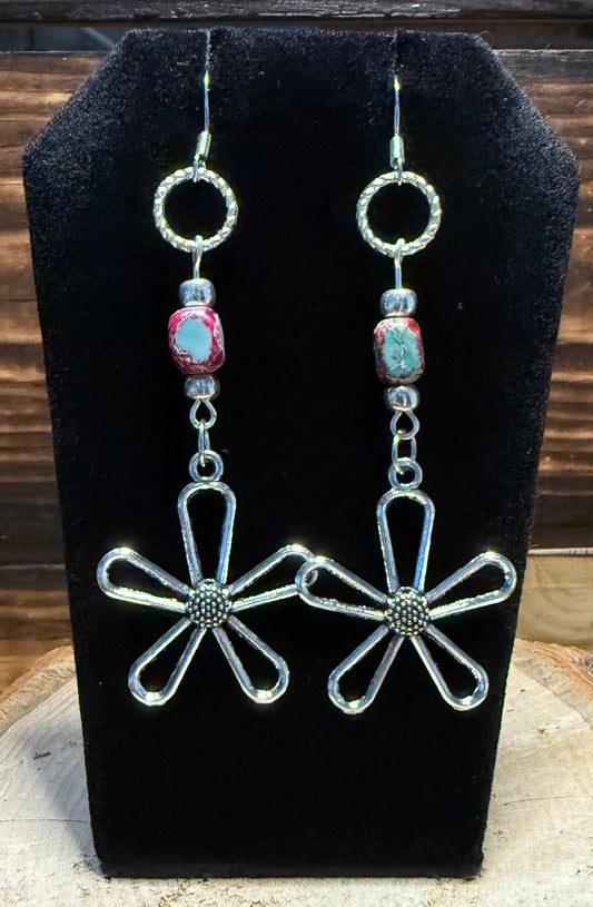 NEW Boho Hippie Hollow Flower w/ Jasper Bead Earrings