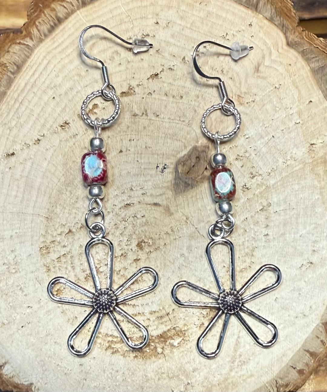 NEW Boho Hippie Hollow Flower w/ Jasper Bead Earrings