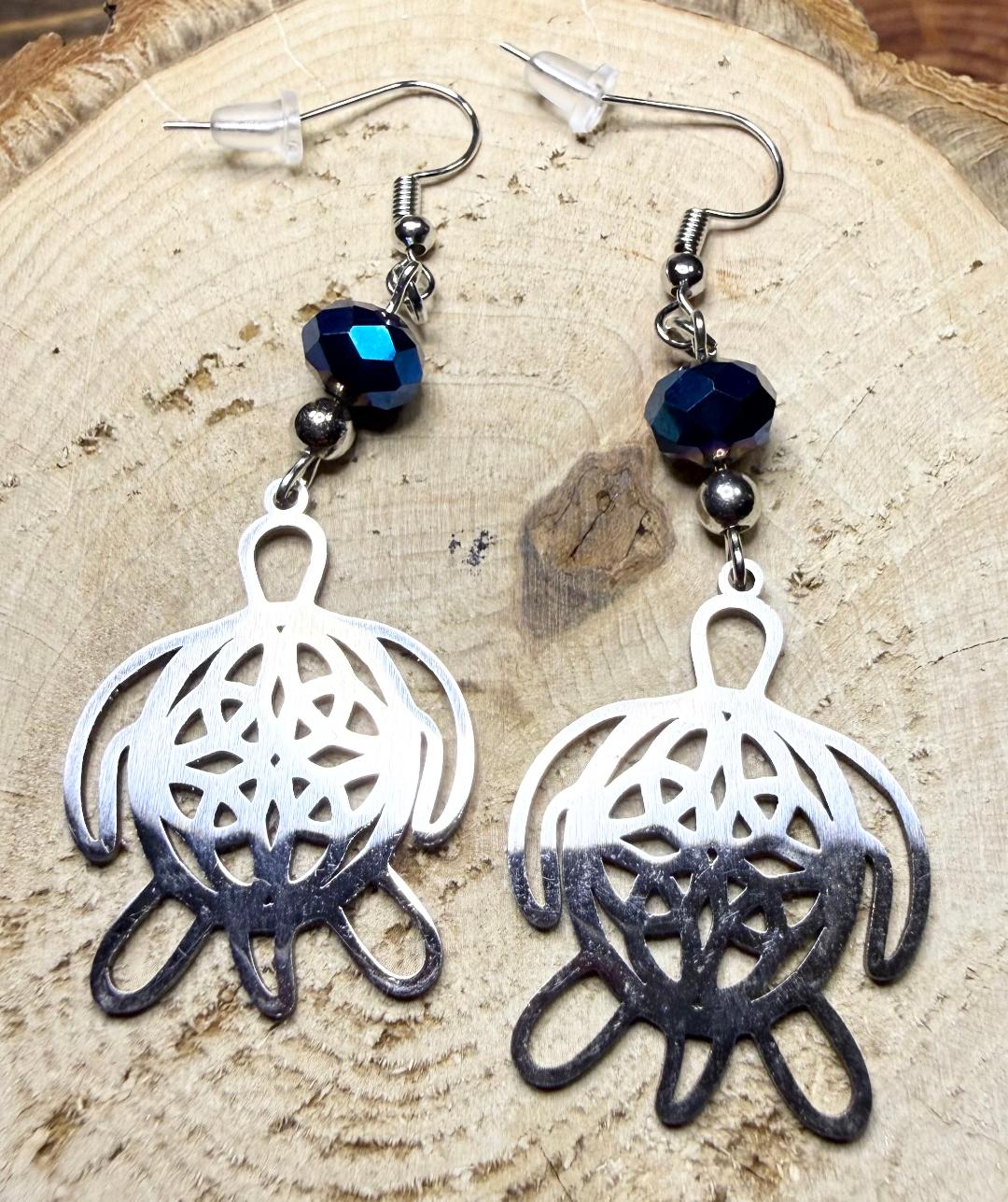 NEW Hollow Stainless Steel Silver Turtle Charm Earrings w/ Royal Blue Glass Beads