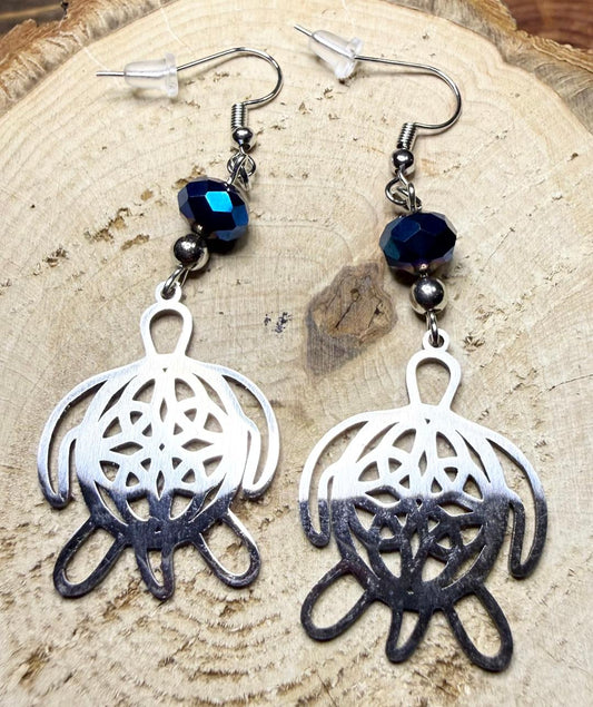 NEW Hollow Stainless Steel Silver Turtle Charm Earrings w/ Royal Blue Glass Beads