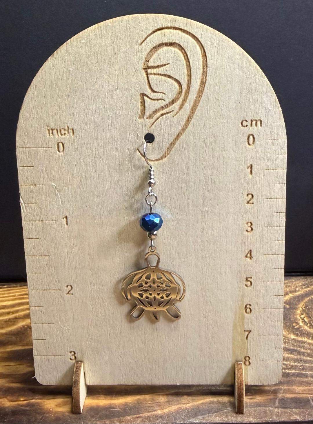NEW Hollow Stainless Steel Silver Turtle Charm Earrings w/ Royal Blue Glass Beads
