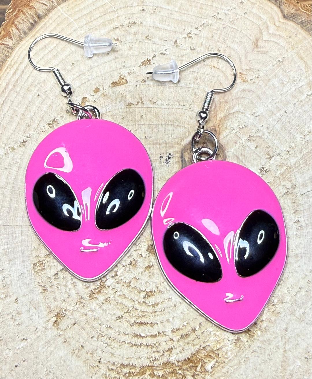NEW Hot Pink Metal Alien Charm Earrings