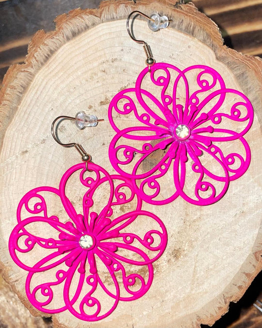 NEW Large Hot Pink Filigree Coated Metal Fancy Flower Earrings