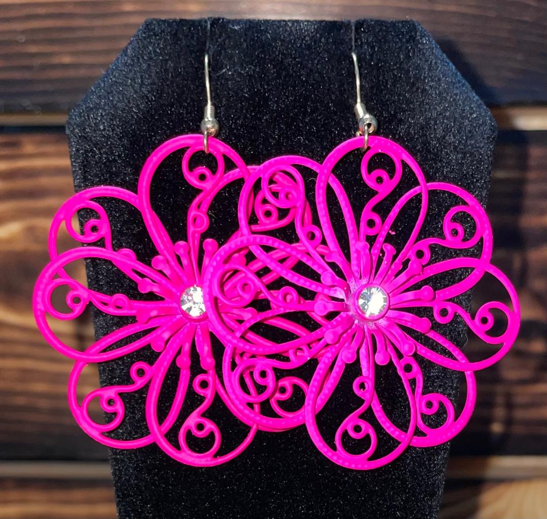 NEW Large Hot Pink Filigree Coated Metal Fancy Flower Earrings