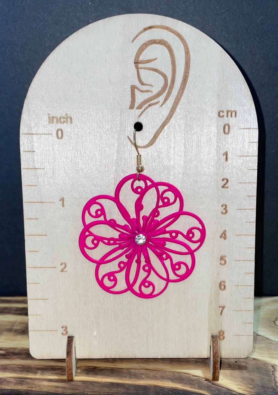 NEW Large Hot Pink Filigree Coated Metal Fancy Flower Earrings