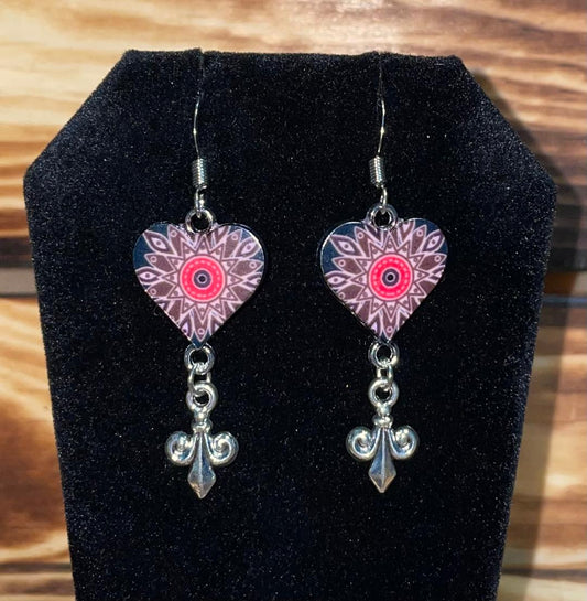 NEW Hot Pink Enamel Heart w/ Fleur-de-Lis Charm Dangle Drop Earrings