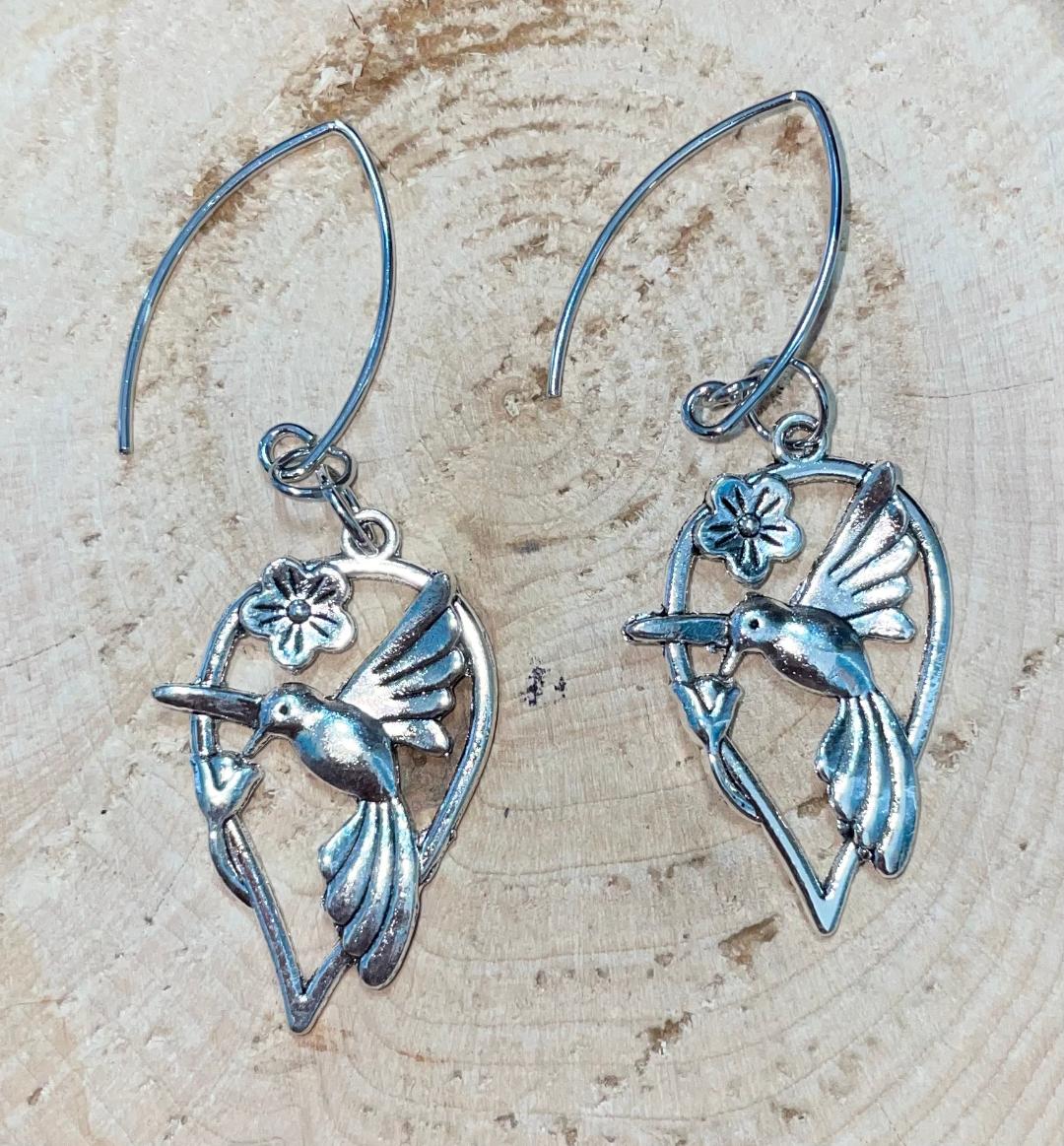 NEW Hummingbird Silver Tone Earrings w/ French V-Hooks