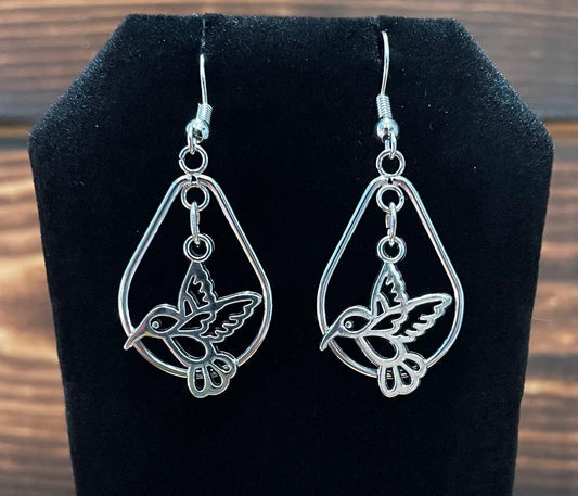 NEW Little Hummingbird Over Teardrop Hoop Silver Tone Earrings