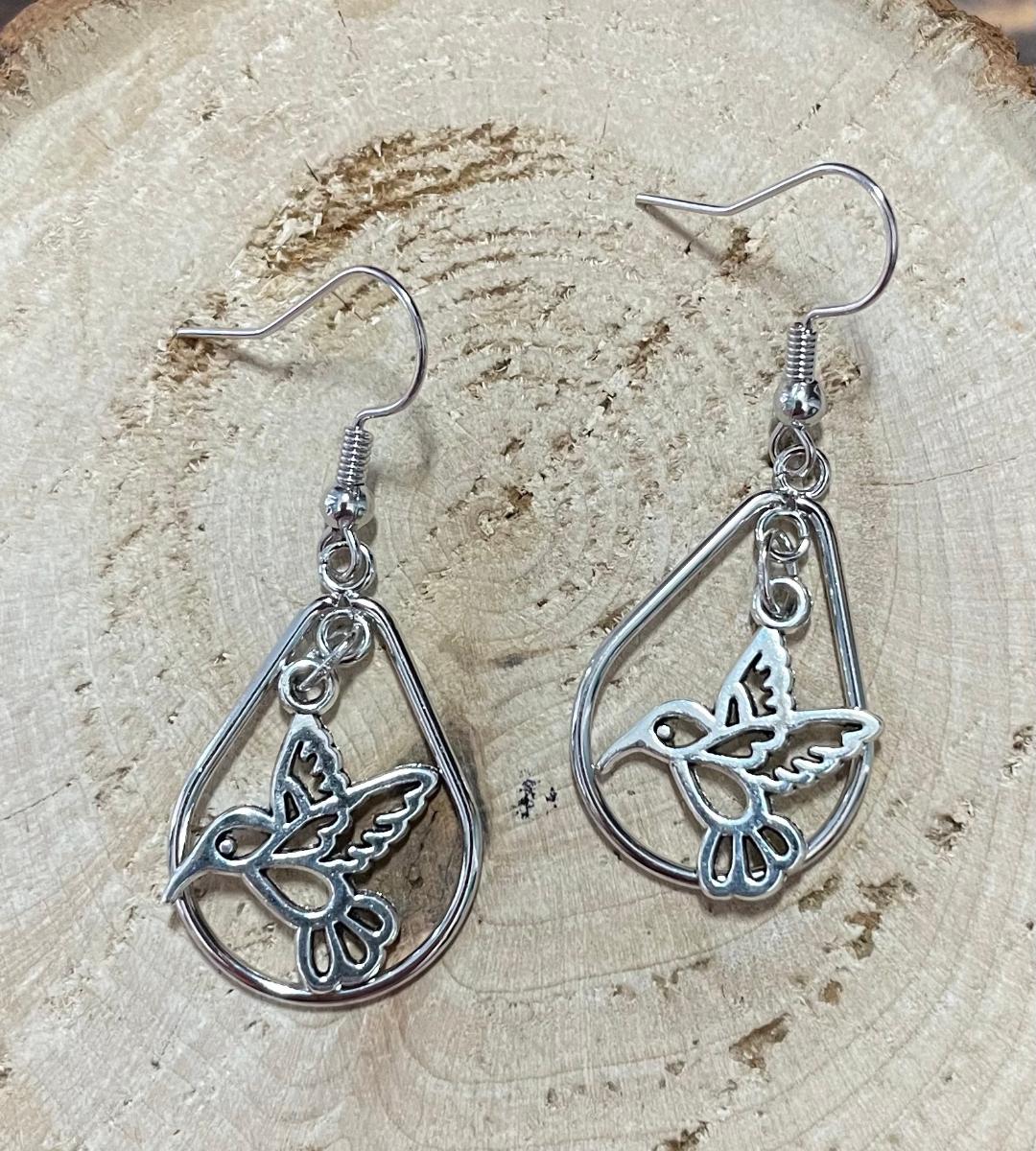 NEW Little Hummingbird Over Teardrop Hoop Silver Tone Earrings