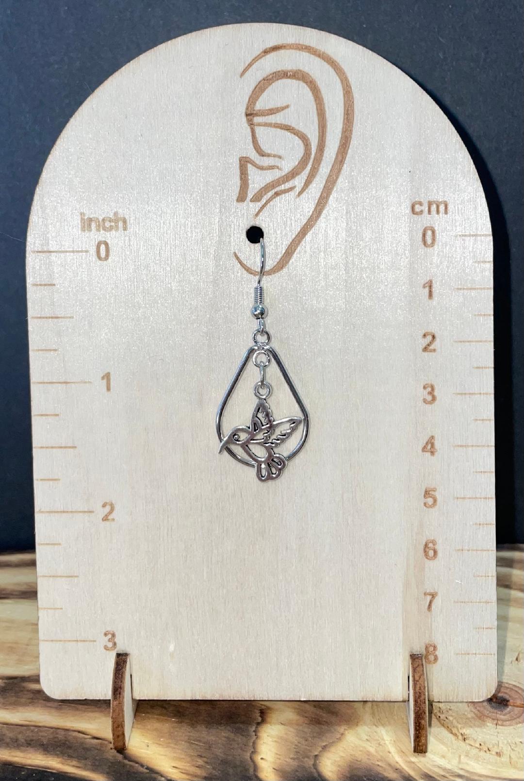 NEW Little Hummingbird Over Teardrop Hoop Silver Tone Earrings