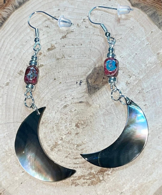 NEW Natural Black Lip Shell Crescent Moon Earrings w/ Imperial Jasper Stone Beads
