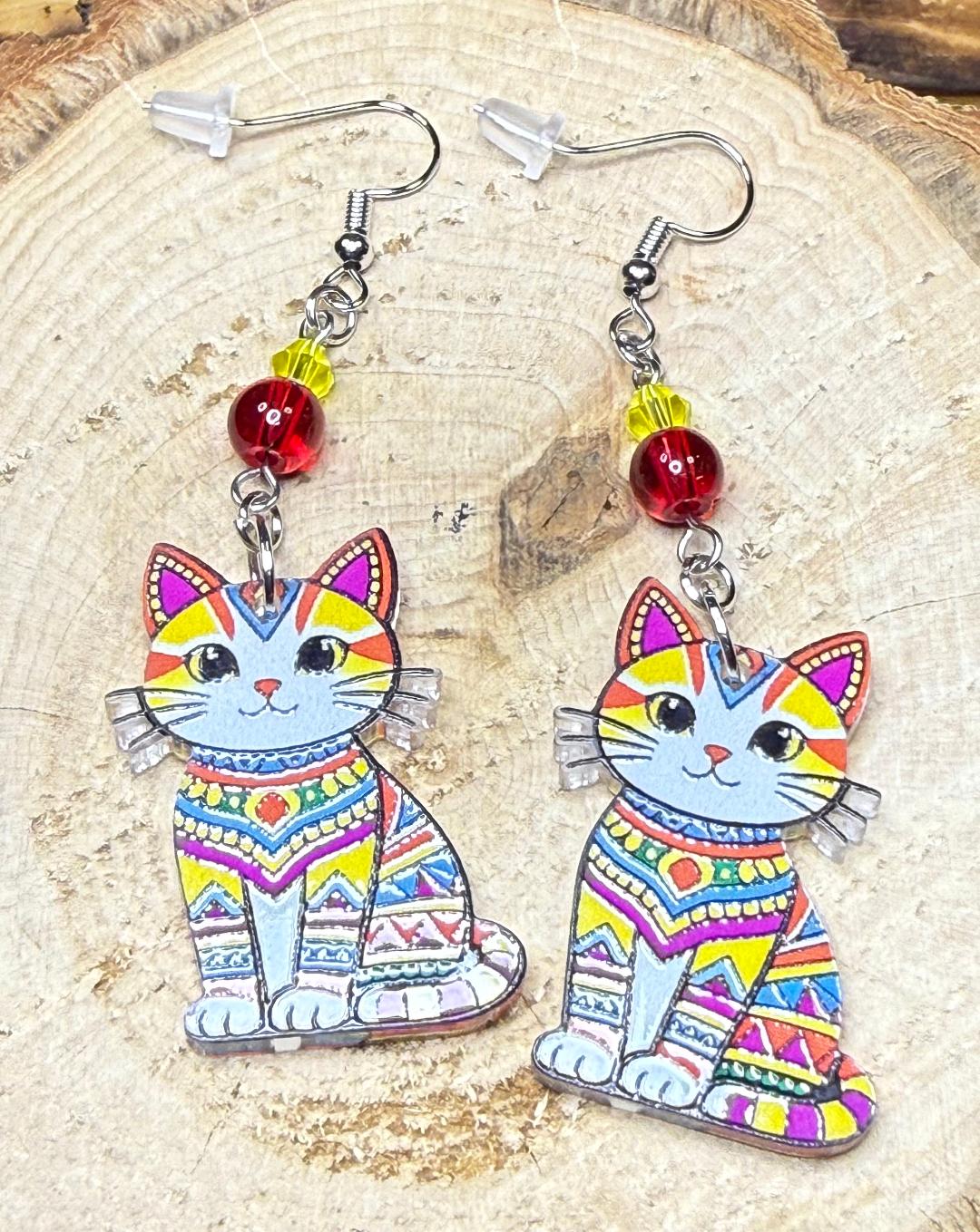 NEW Vibrant & Bold Acrylic Boho India Style Cat Earrings w/ Glass Beads