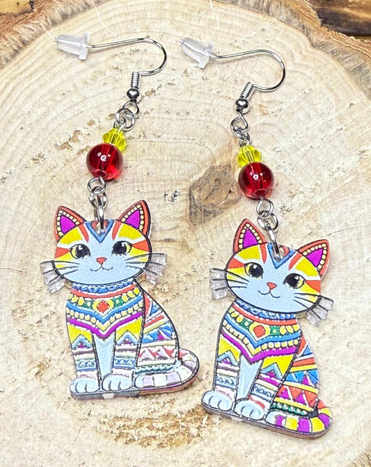 NEW Vibrant & Bold Acrylic Boho India Style Cat Earrings w/ Glass Beads