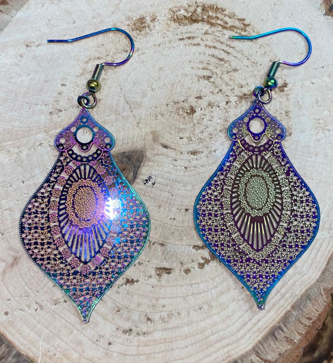 NEW Iridescent India Style Art Lantern Laser Cut Metal Drop Boho Earrings