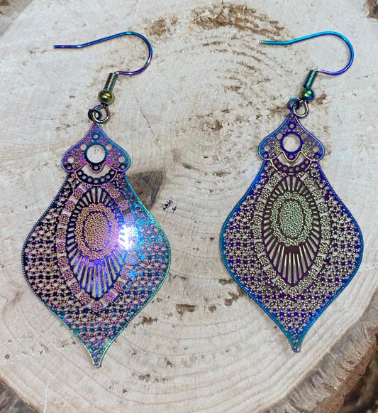 NEW Iridescent India Style Art Lantern Laser Cut Metal Drop Boho Earrings