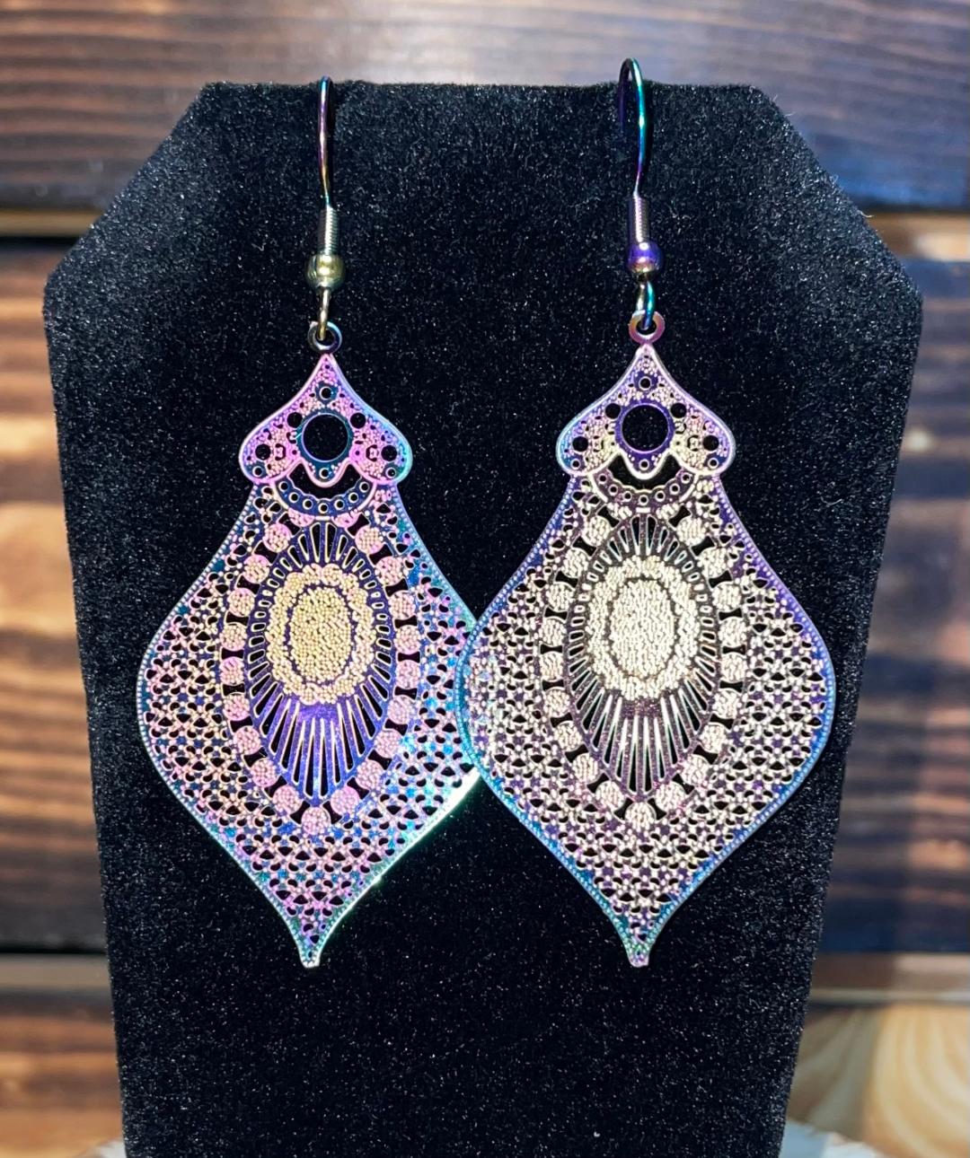 NEW Iridescent India Style Art Lantern Laser Cut Metal Drop Boho Earrings