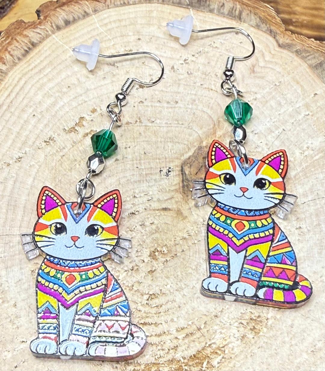 NEW Vibrant & Bold Acrylic Boho India Style Cat Earrings w/ Green Glass Beads