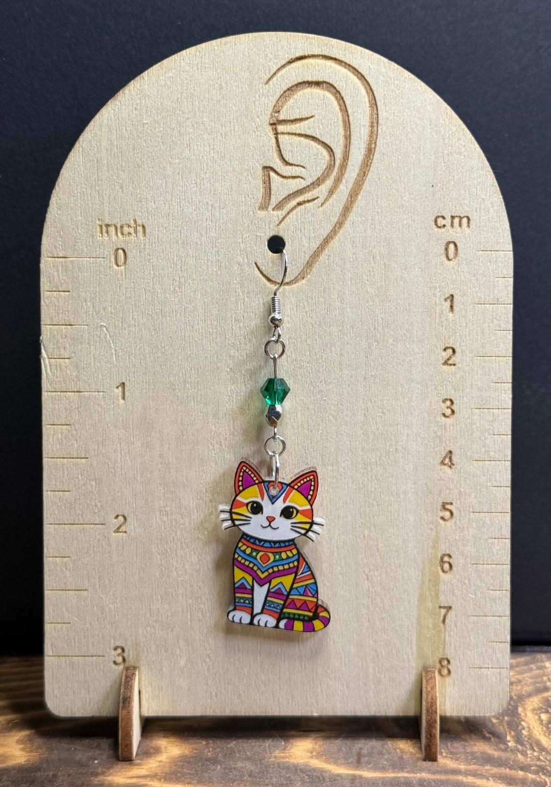 NEW Vibrant & Bold Acrylic Boho India Style Cat Earrings w/ Green Glass Beads