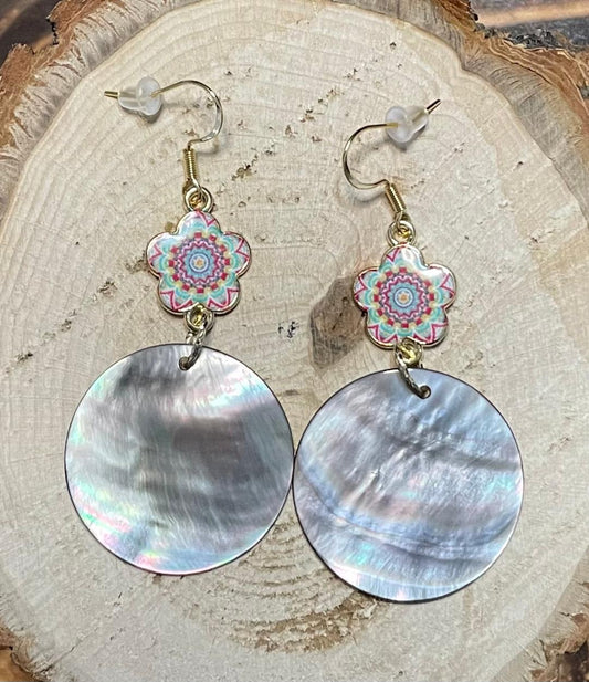 NEW Pearlized Abalone Style Ocean Boho Theme Mandala Earrings