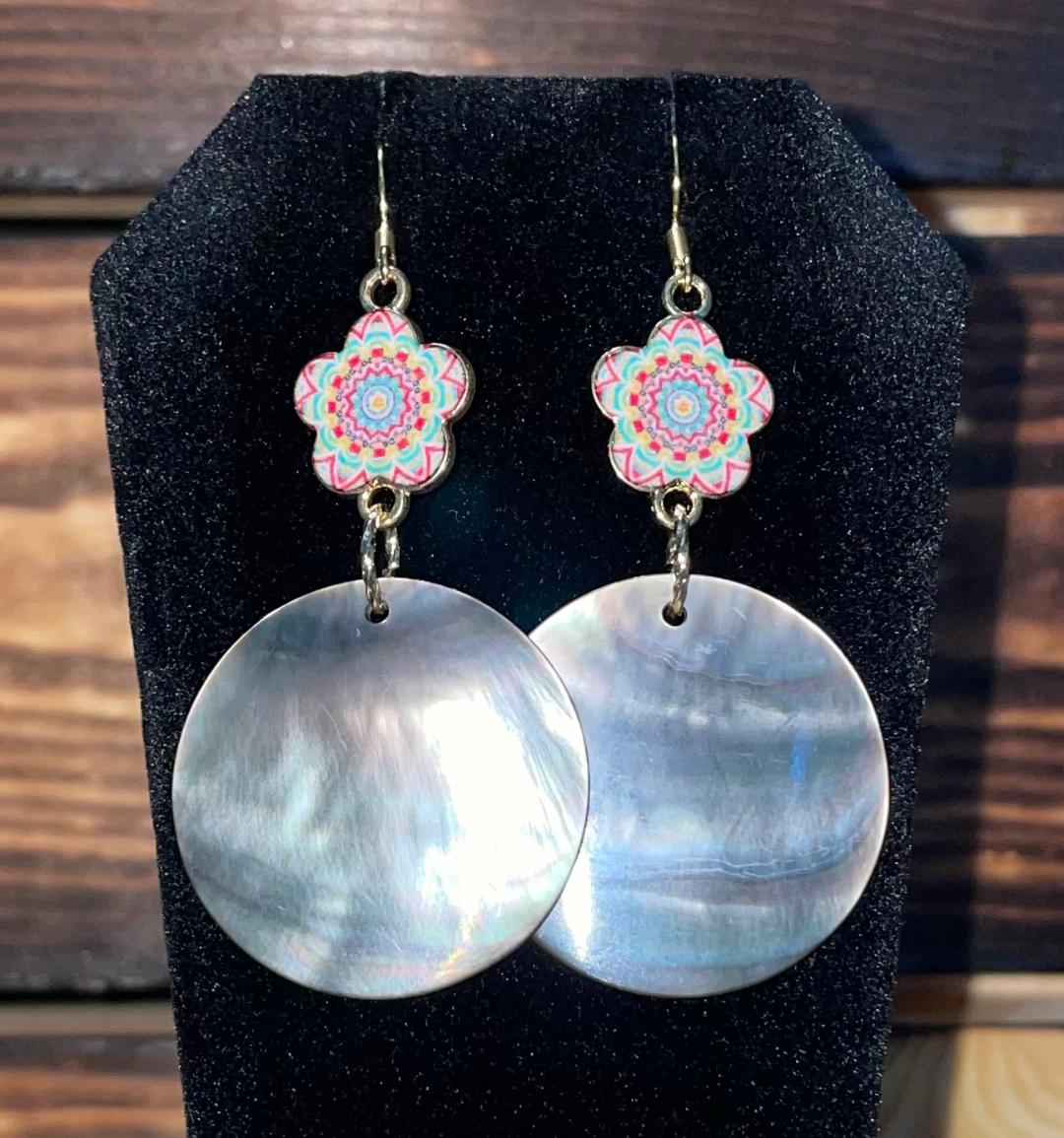 NEW Pearlized Abalone Style Ocean Boho Theme Mandala Earrings