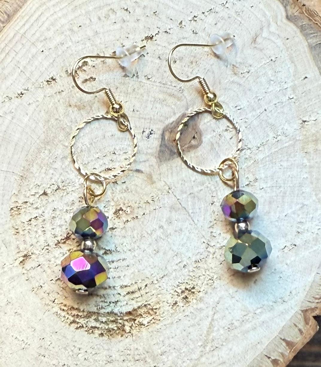 NEW Rainbow Iridescent Faceted Bead Earrings w/ Gold Embossed Rings