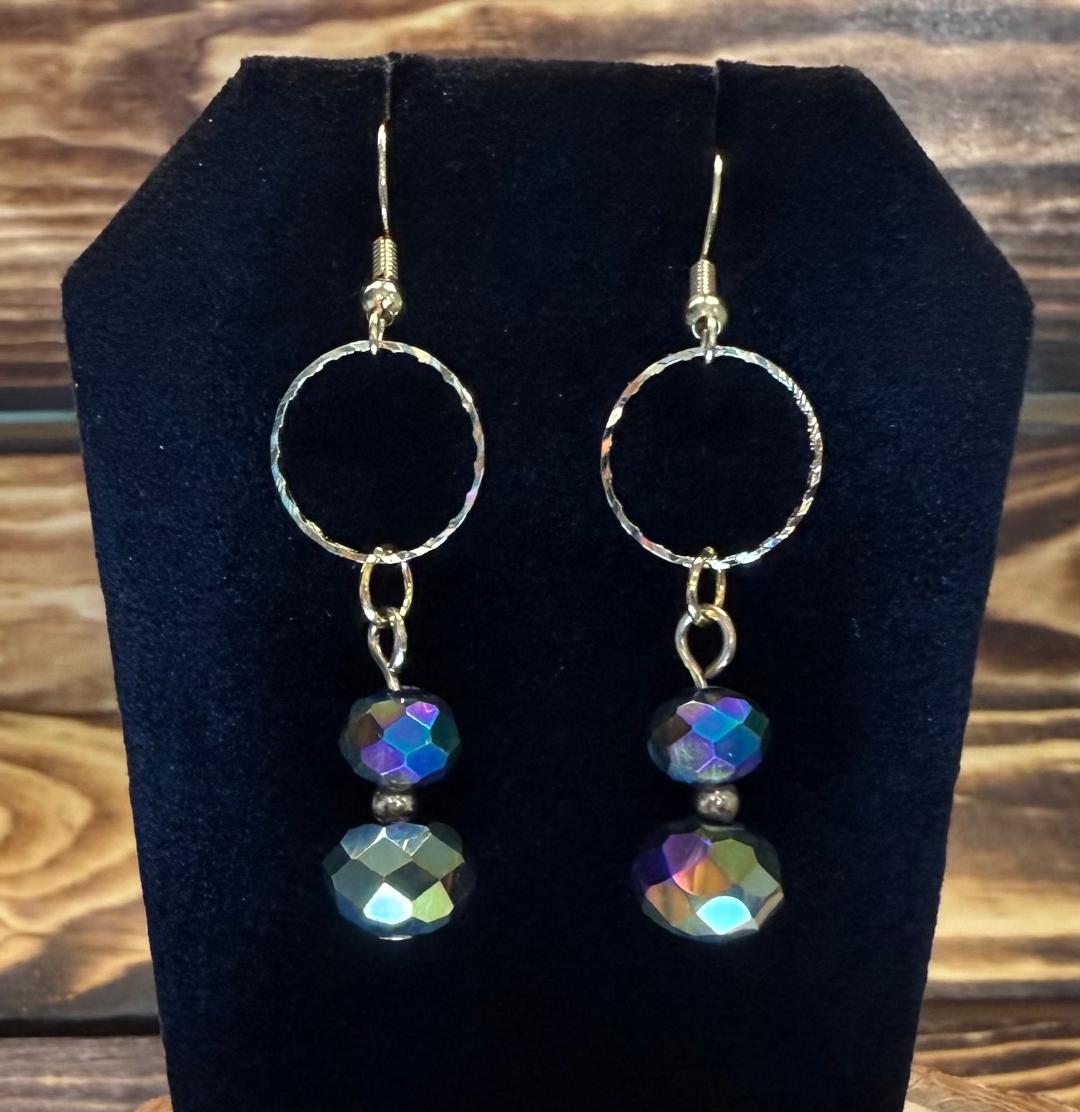 NEW Rainbow Iridescent Faceted Bead Earrings w/ Gold Embossed Rings