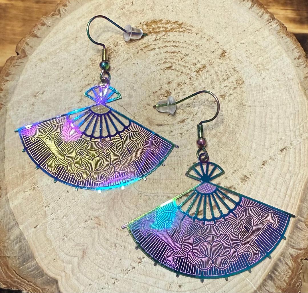 NEW Iridescent Stainless Steel Rainbow Asian Fan Earrings