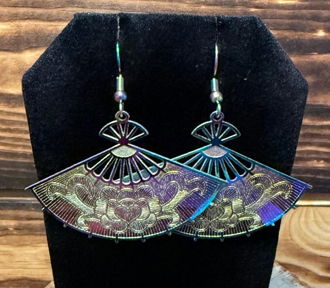 NEW Iridescent Stainless Steel Rainbow Asian Fan Earrings