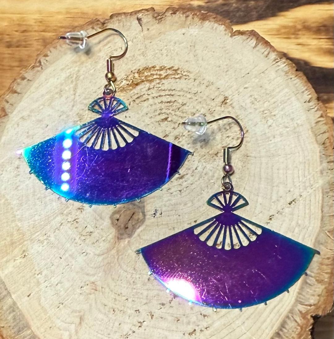NEW Iridescent Stainless Steel Rainbow Asian Fan Earrings