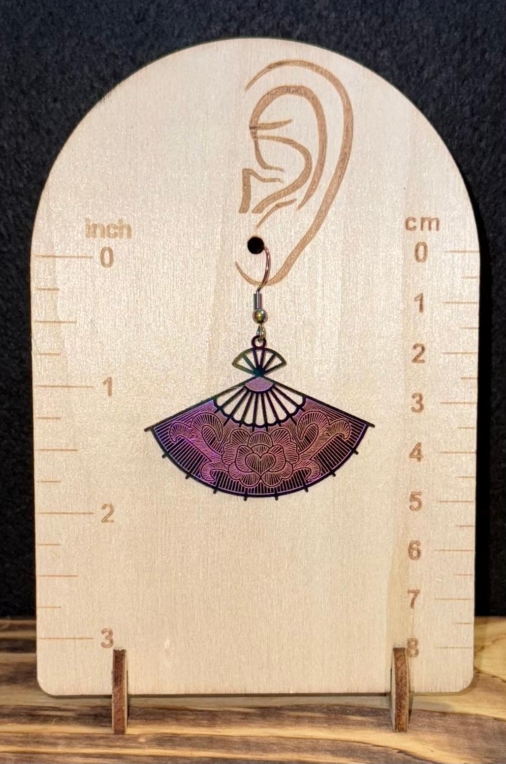 NEW Iridescent Stainless Steel Rainbow Asian Fan Earrings