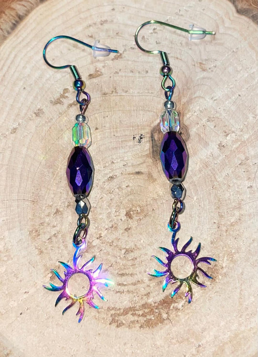 NEW Stainless Steel Iridescent Sunburst Charm Earrings w/ Beads