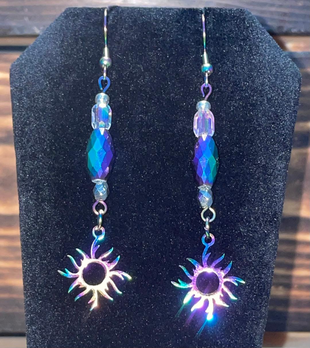 NEW Stainless Steel Iridescent Sunburst Charm Earrings w/ Beads