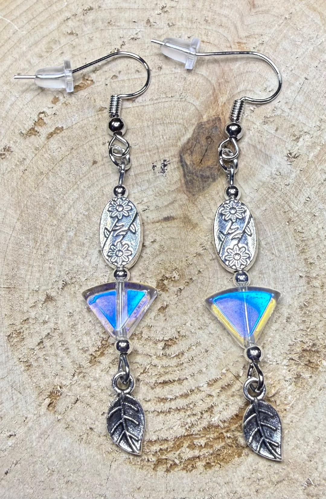 NEW Iridescent Glass Triangle Earrings w/ Oval Flower Charms