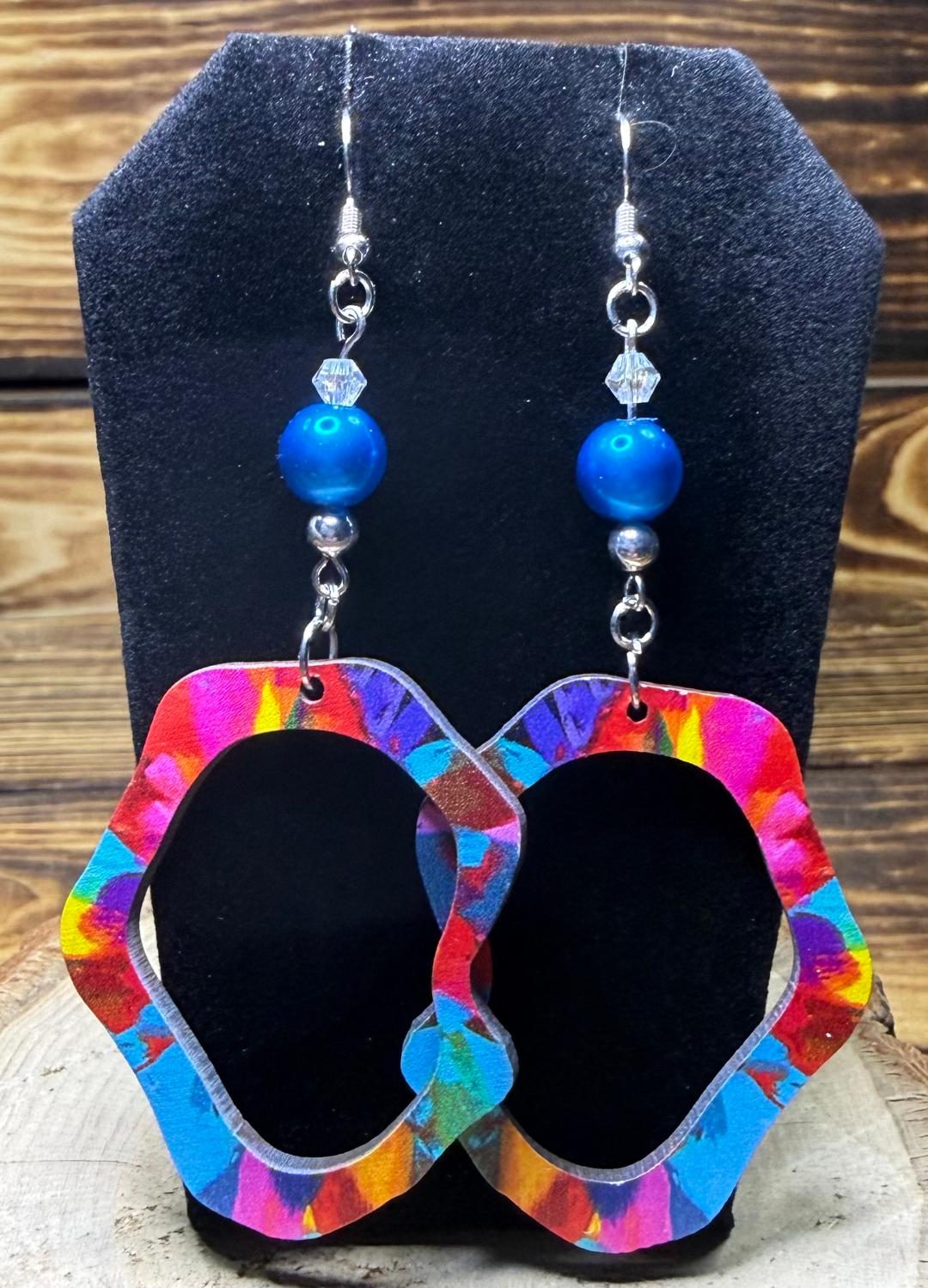 NEW Colorful Painted Wooden Oval Hoop Earrings w/ Blue Glass Beads