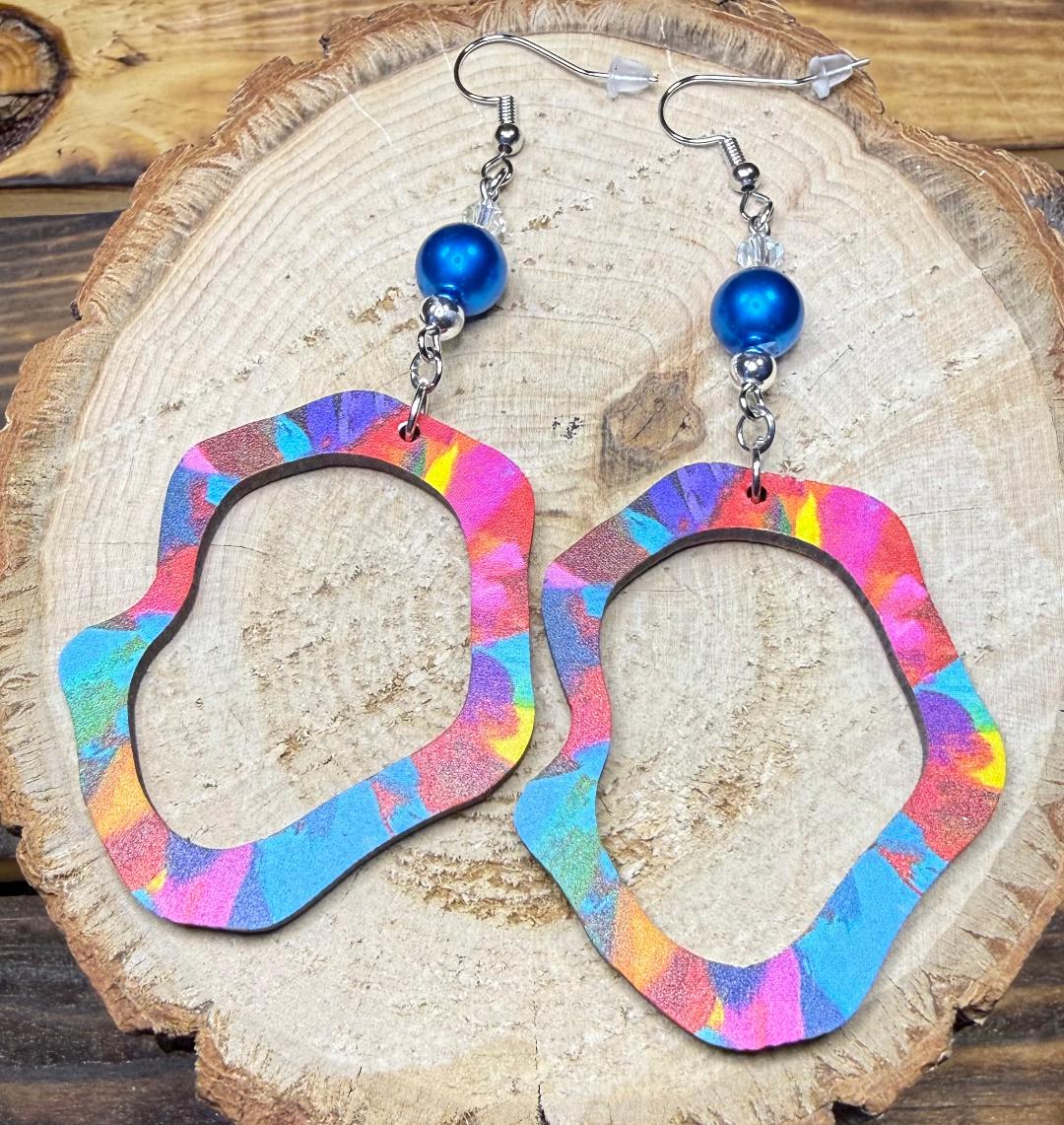 NEW Colorful Painted Wooden Oval Hoop Earrings w/ Blue Glass Beads