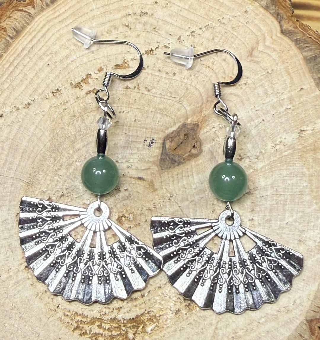 NEW Asian Style Silver Alloy Etched Fan Earrings w/ Green Adventurine Quartz Beads
