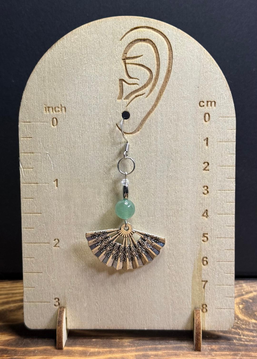 NEW Asian Style Silver Alloy Etched Fan Earrings w/ Green Adventurine Quartz Beads