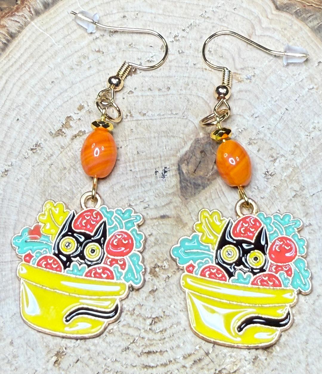 NEW Black Cat Kitty in Vegetable Bowl Enamel Charm Earrings w/ Glass Oval Orange Bead