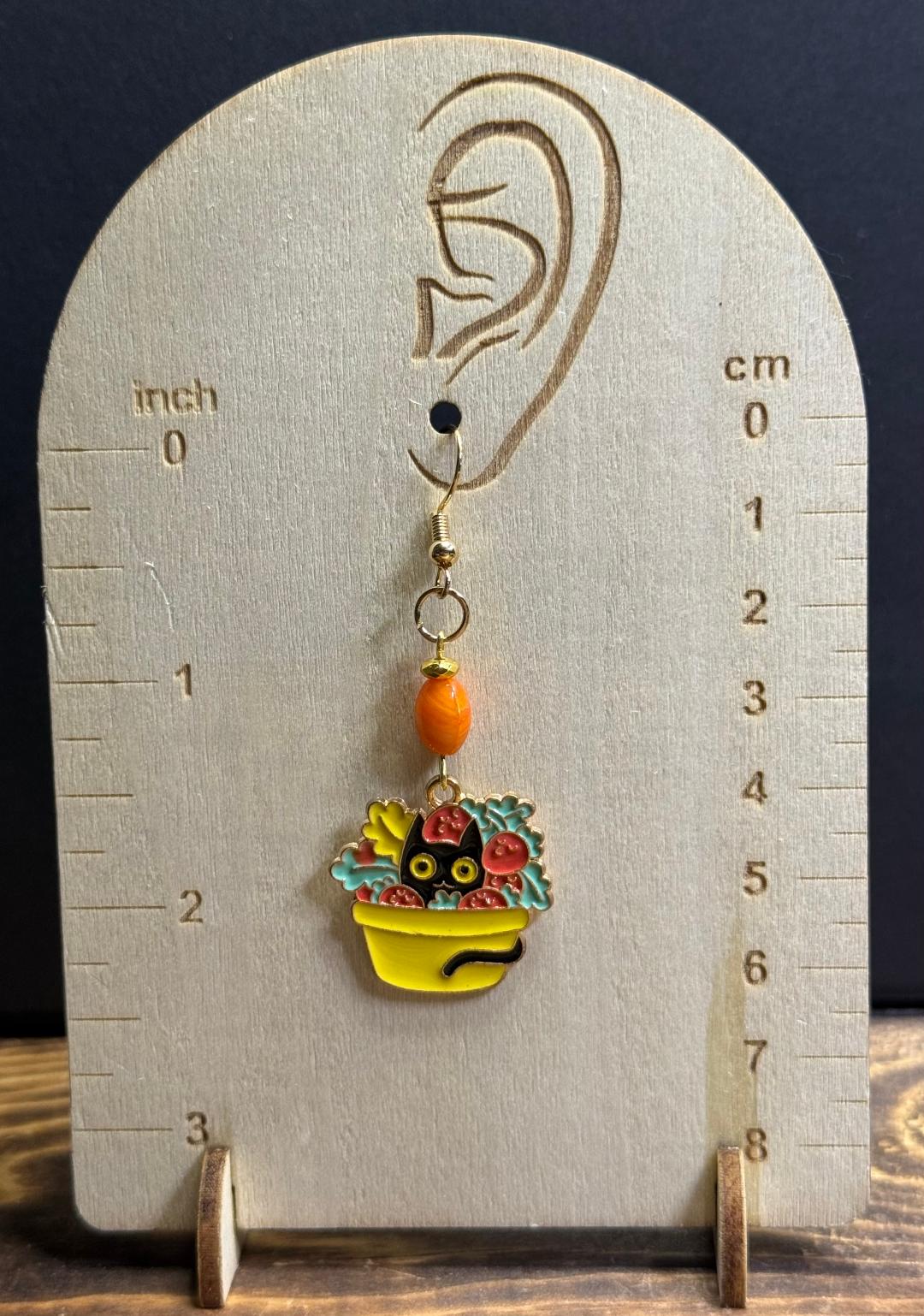 NEW Black Cat Kitty in Vegetable Bowl Enamel Charm Earrings w/ Glass Oval Orange Bead
