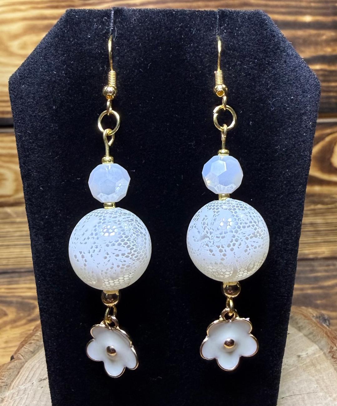 NEW Mod Style Large White Bead w/ Enamel Flower Charm Earrings