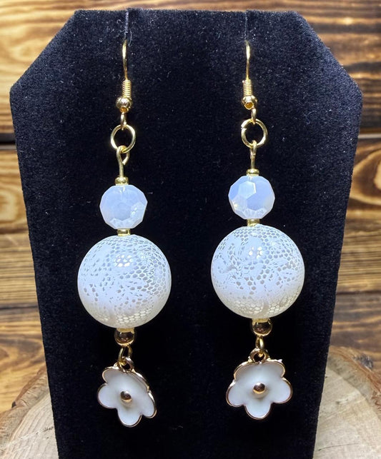 NEW Mod Style Large White Bead w/ Enamel Flower Charm Earrings